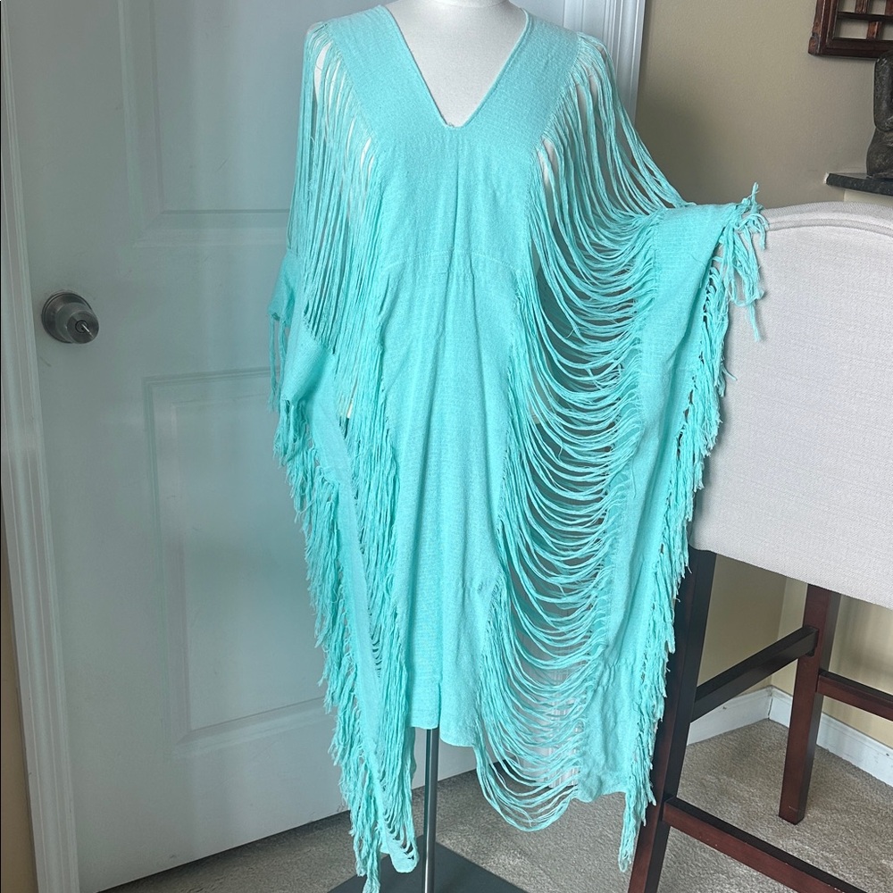 Turquoise fringe beach cover up Tulum